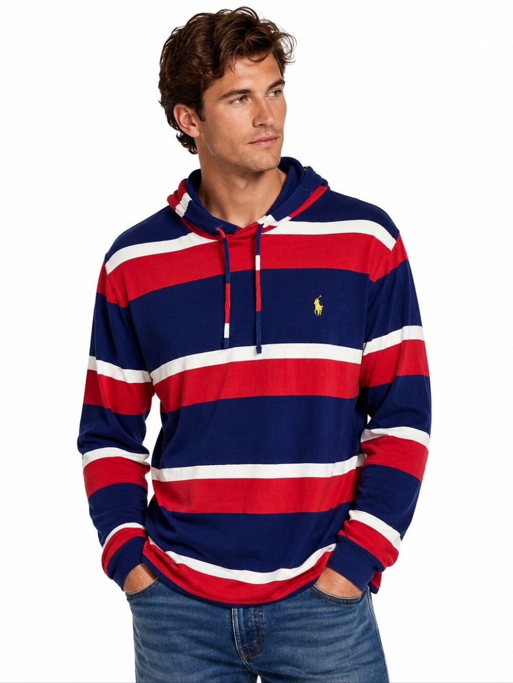 Polo Ralph Lauren Striped Hooded Long Sleeve T-Shirt Red Blue White Men's Large